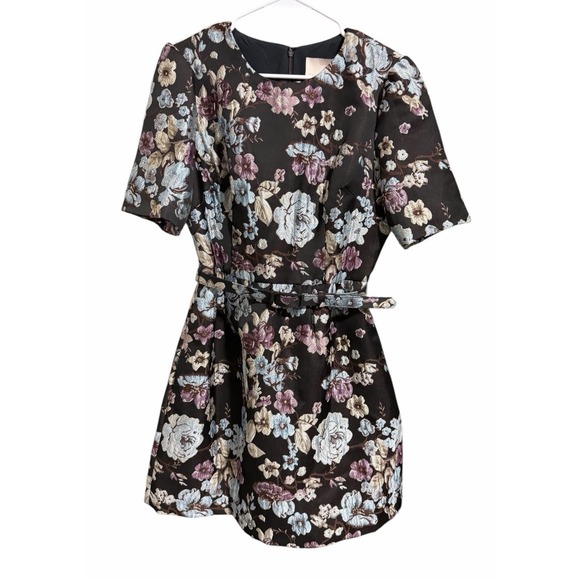 Gal Meets Glam Presley Floral Jacquard Belted Sheath Dress Brown Women's Size 8